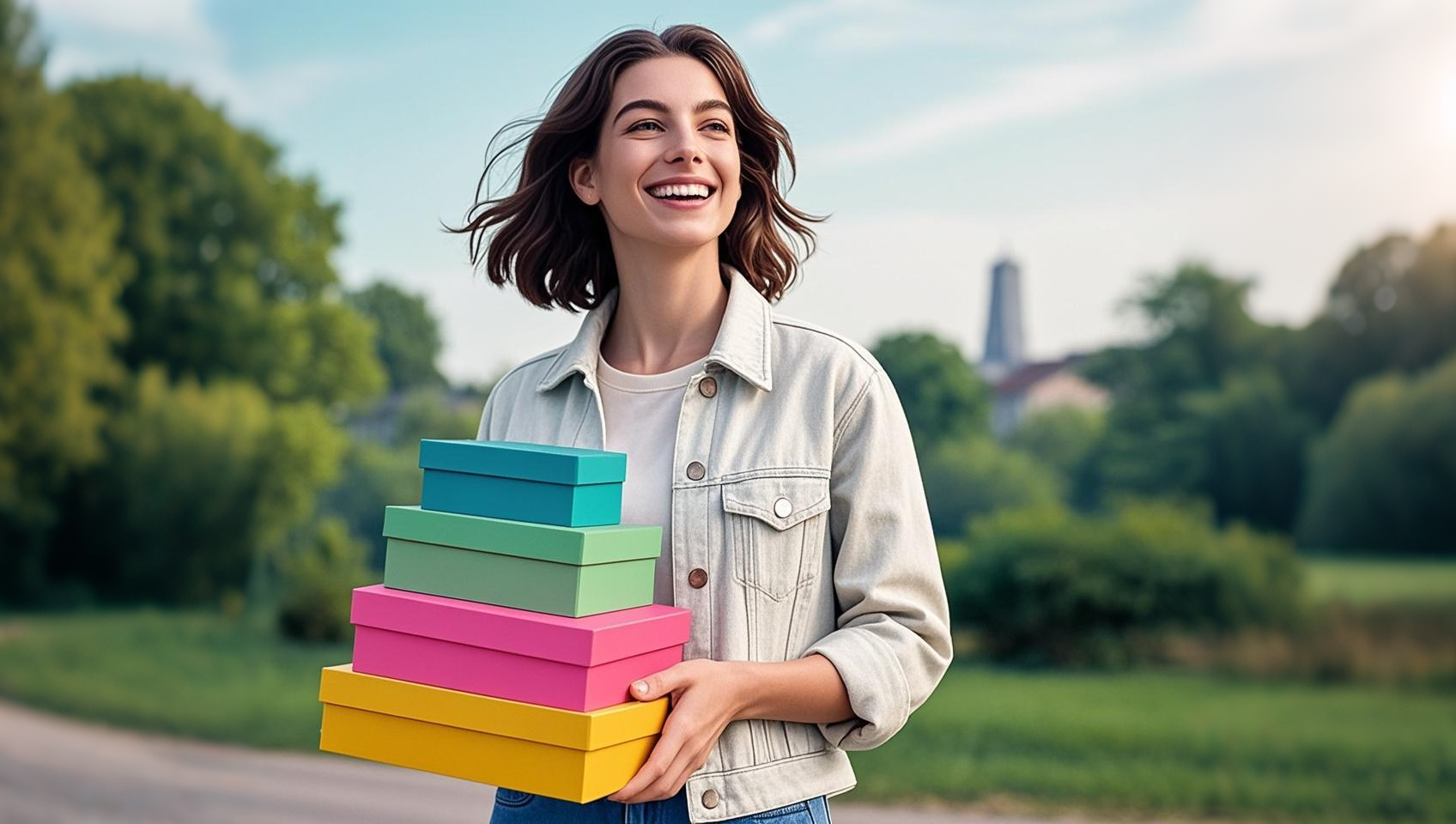 Happy woman carrying gift boxes